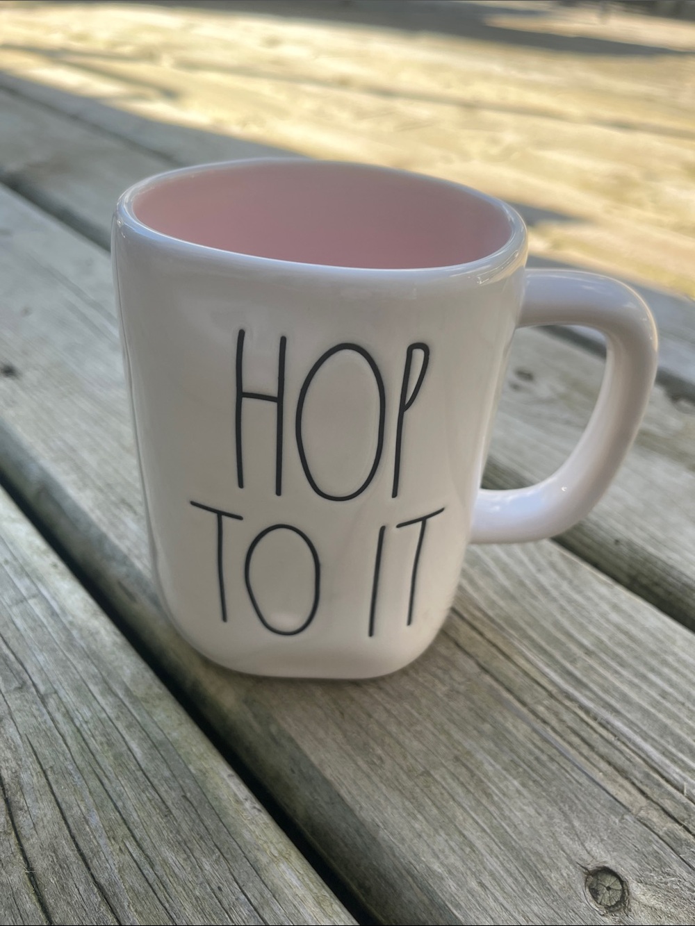 Retired Rae Dunn White Mug with Pink Interior - HOP TO IT Easter